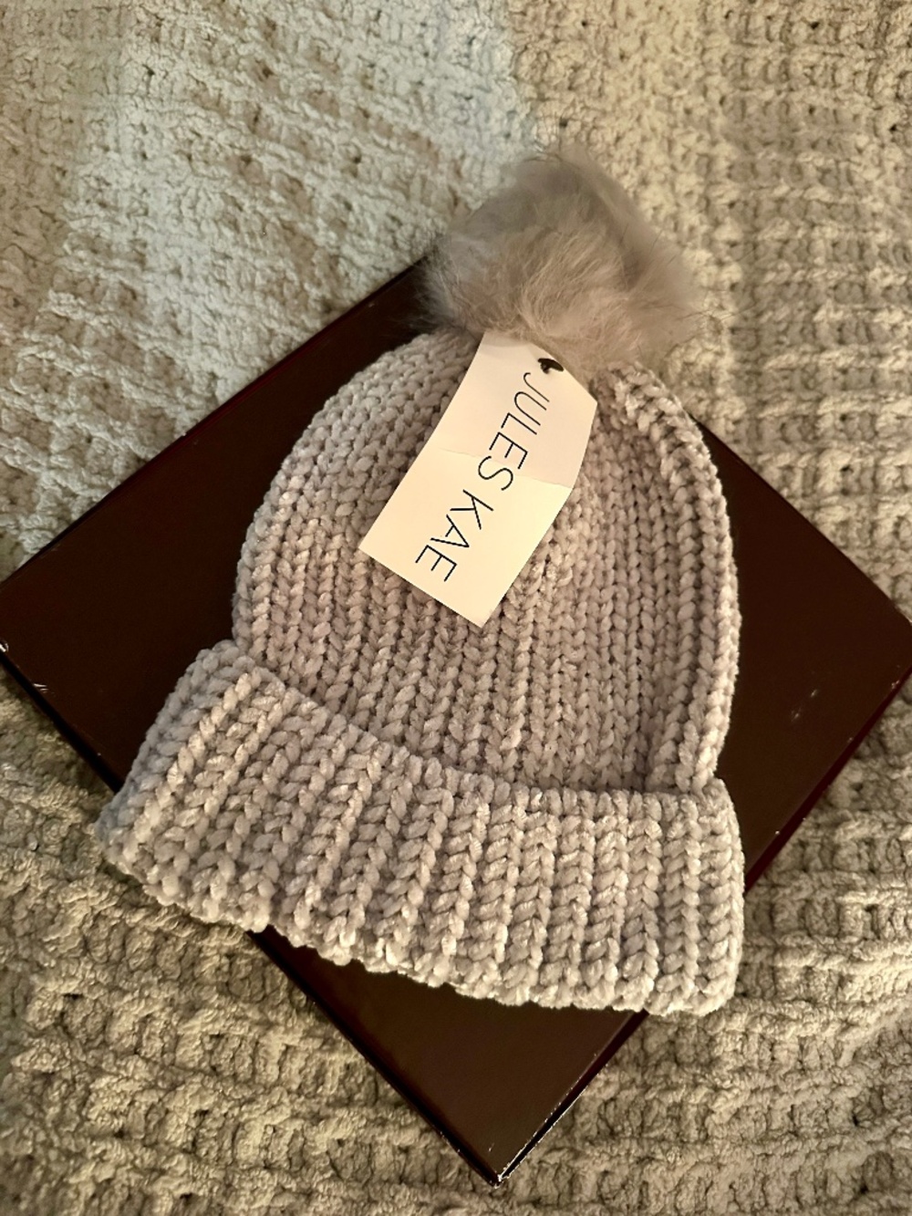 NWT Jules Kae Light Gray Pom Beanie Vegan Faux Fur